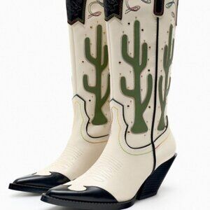 NWT Zara Ivory Cactus Embroidered Contrast Knee-High Heeled Cowgirl Boots 7.5